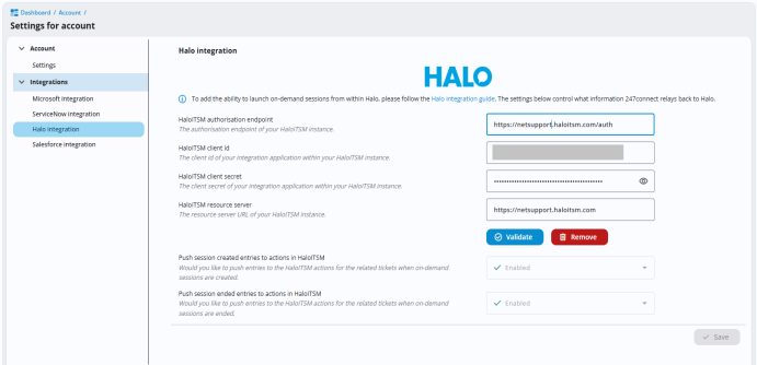 Halo integration settings page showing HaloITSM connection details, including authorisation endpoint, client credentials, resource server URL, and options to validate the integration and enable session activity updates.